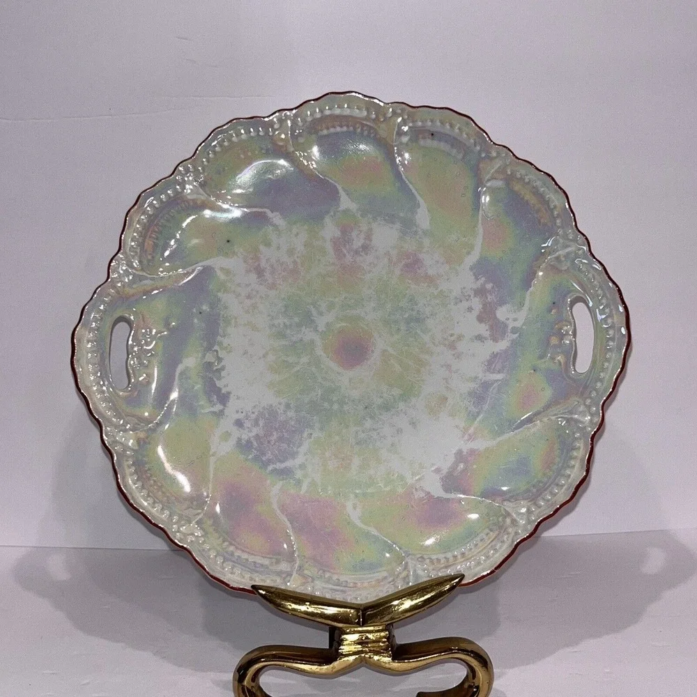 VTG 1920s Pearlescent Leuchtenberg Handled Cake Plate Made in‎ Germany Scalloped